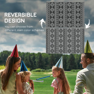 Tapis d'extérieur réversible pour patio, tapis en paille plastique 6' x 9' pour jardin, terrasse, plage, camping, noir et gris