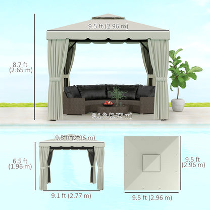 Gazebo 10' x 10' d'extérieur double toit souple avec rideaux et moustiquaires, blanc crème