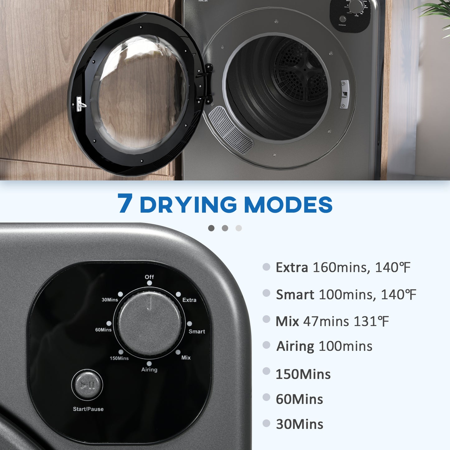 Compact Clothes Dryer, 1300W, 3.22 cu. ft., Electric, Portable, with 7 Drying Modes, for Apartment or Dorm, Gray