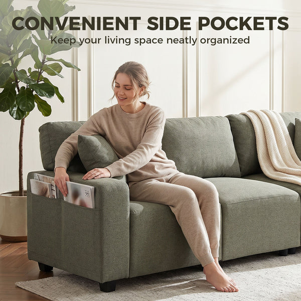 Canapé 3 places avec poches de rangement, moderne rembourré avec ressorts ensachés, vert