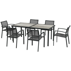 Ensemble de salle à manger d'extérieur 7 pièces avec 6 chaises empilables, table et chaises de patio avec plateau en plastique et dossier en maille respirante