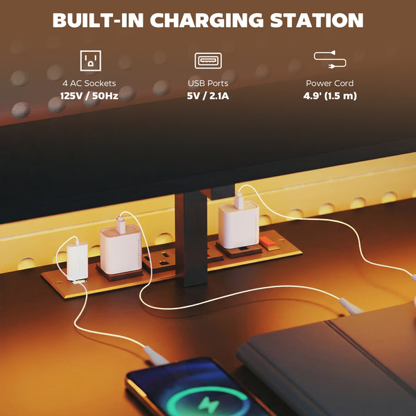 76" Gaming Desk, Reversible Computer Table with RGB Lights, USB Ports, Monitor Stand and 2 Fabric Drawers, Black