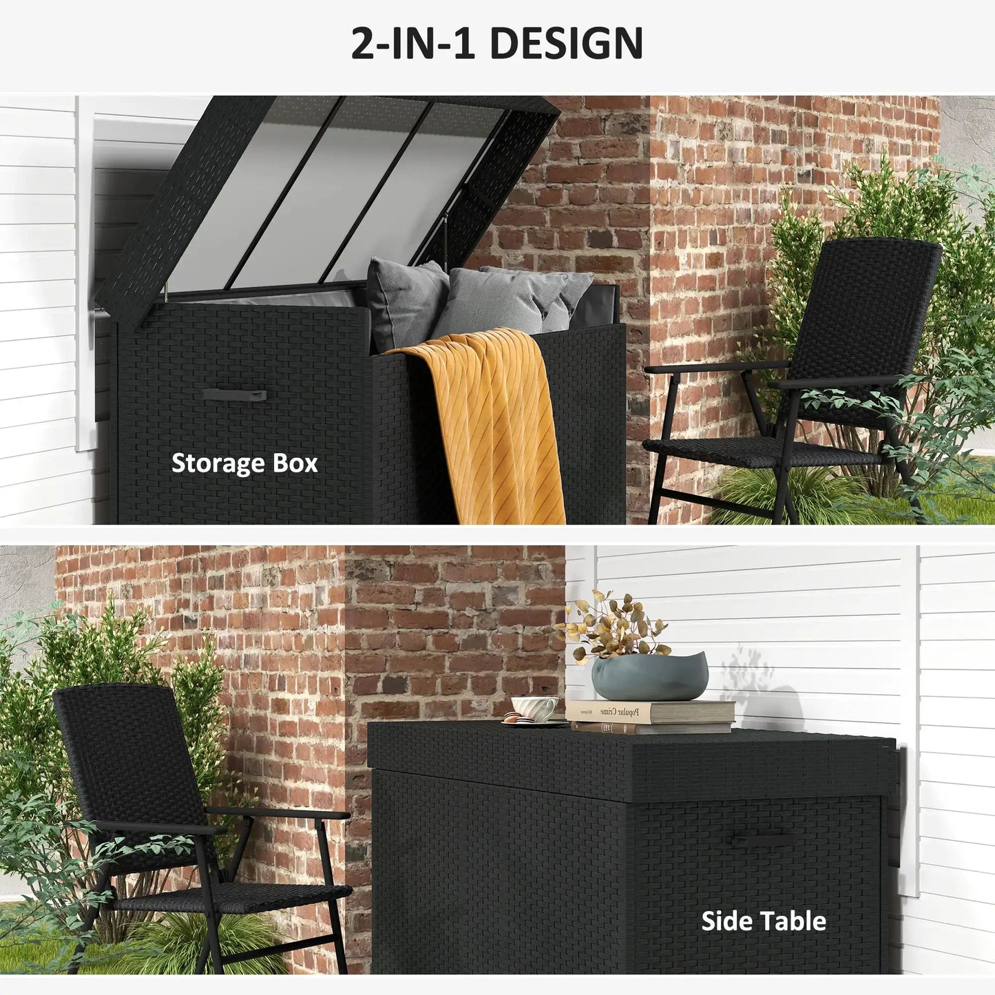 Coffre de terrasse 165 gallons en osier avec doublure imperméable, vérin à gaz et roues universelles, noir