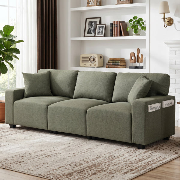 Canapé 3 places avec poches de rangement, moderne rembourré avec ressorts ensachés, vert