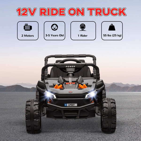 Voiture 12V pour enfants, camion télécommandé, suspension à ressorts, phares à LED, 3 vitesses, noir