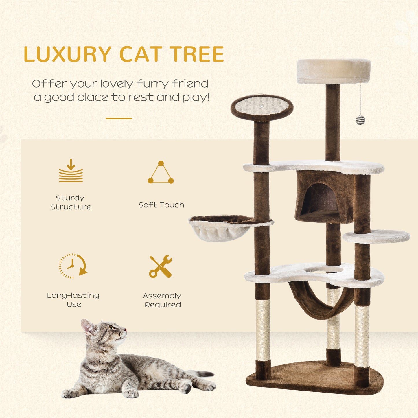 60-inch Cat Tree, Cat Bed, House &amp; Toys - Brown &amp; Beige