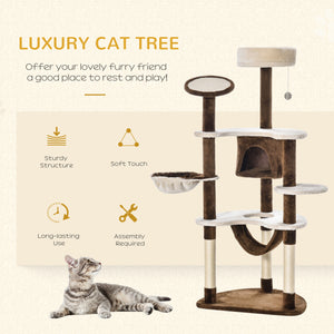 60-inch Cat Tree, Cat Bed, House &amp; Toys - Brown &amp; Beige