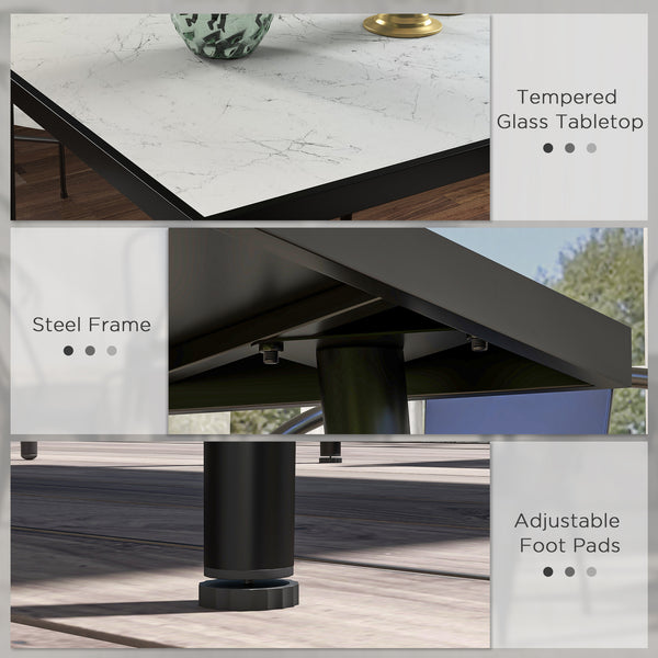 Table de salle à manger d'extérieur avec plateau en verre trempé effet marbre, blanche
