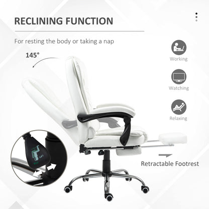 High-back office chair in faux leather with retractable footrest and padded armrests, white