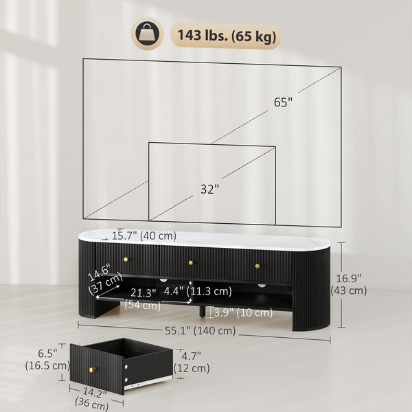 Meuble TV moderne avec plateau effet marbre, 3 tiroirs et 2 étagères ouvertes, noir