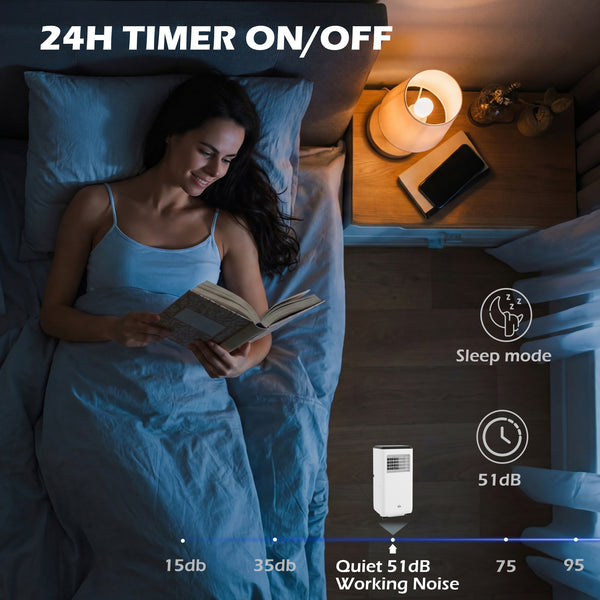 Climatiseur mobile de 10 000 BTU, 440 pi² (41 m²), déshumidificateur, ventilateur, mode veille automatique, minuterie 24 h marche/arrêt, kit fenêtre, blanc
