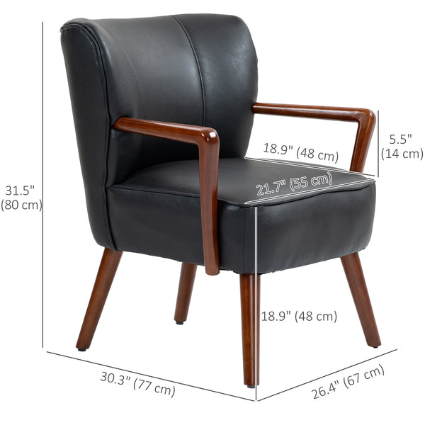 Fauteuil d'appoint rembourré en similicuir avec pieds en bois et large assise, noir