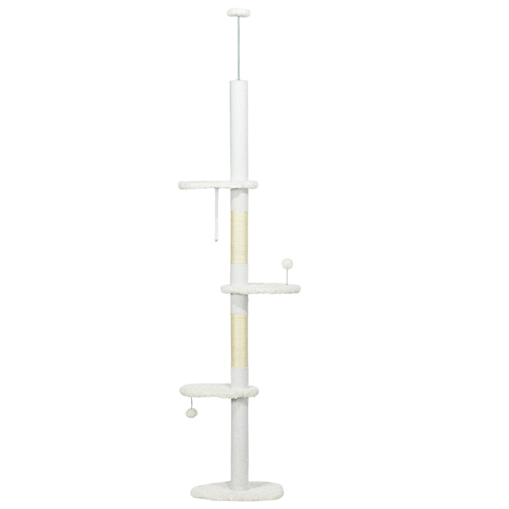 Ceiling-High Cat Tree with Scratching Posts, Cloud-Shaped Platforms, Hanging Balls, White