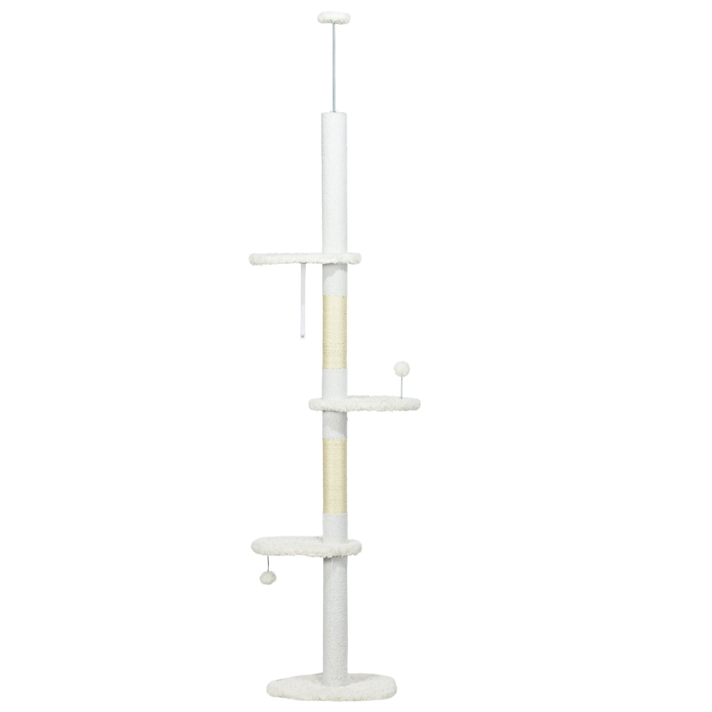 Ceiling-High Cat Tree with Scratching Posts, Cloud-Shaped Platforms, Hanging Balls, White