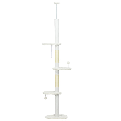 Ceiling-High Cat Tree with Scratching Posts, Cloud-Shaped Platforms, Hanging Balls, White