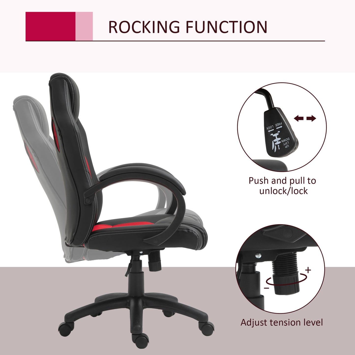 Gaming office chair with swivel casters, padded headrest and reclining function, red