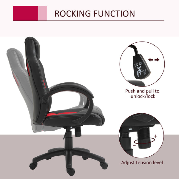 Chaise de gaming avec roulettes pivotantes, appui-tête rembourré et fonction inclinable, rouge