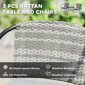 Outdoor Bistro Set, 3 Piece Wicker Patio Furniture Set with Armchairs, 2-Tier Glass Table, Cushions, Dark Grey