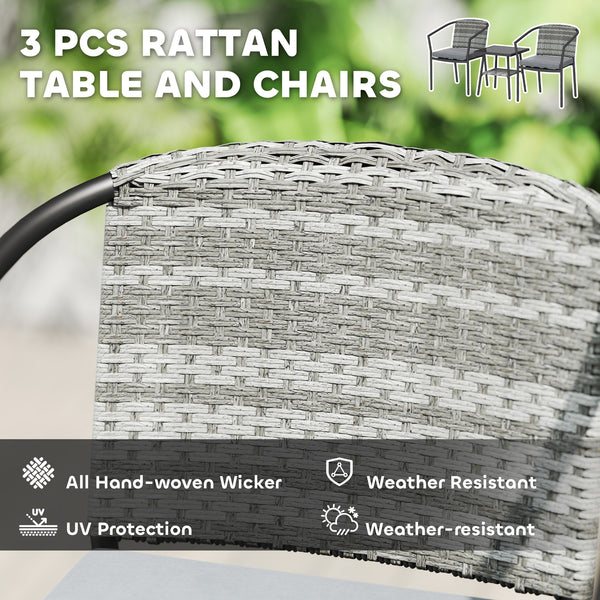 Outdoor Bistro Set, 3 Piece Wicker Patio Furniture Set with Armchairs, 2-Tier Glass Table, Cushions, Dark Grey