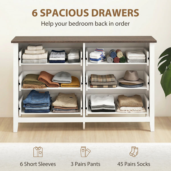 Commode large avec 6 tiroirs, commode de rangement, blanc