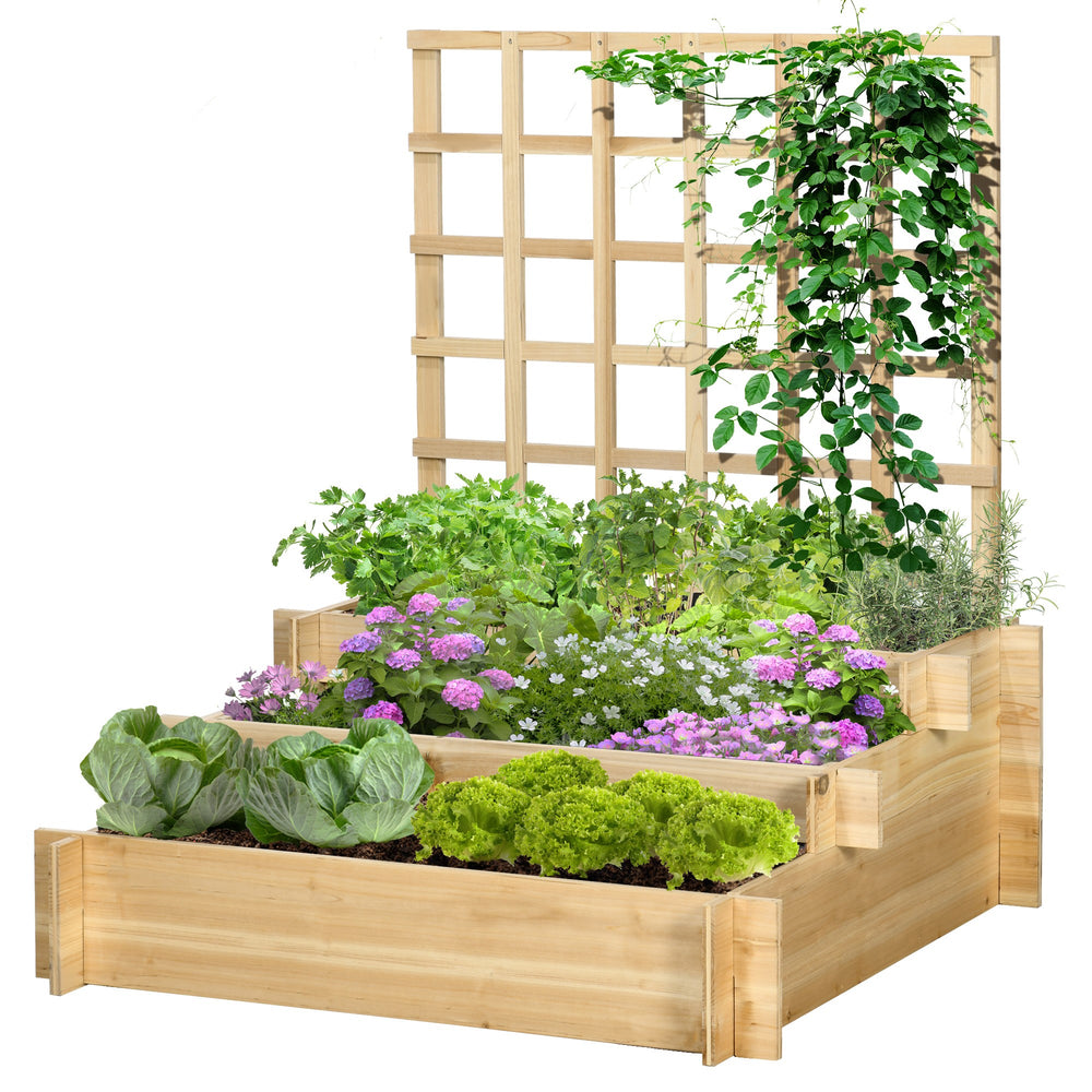 Raised wooden planter with trellis