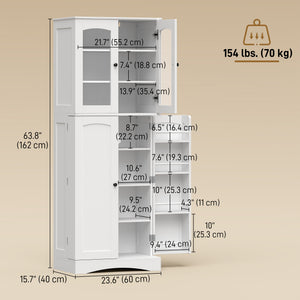 Armoire de cuisine avec portes en acrylique à fermeture amortie, 10 étagères et 8 supports de porte, blanche.
