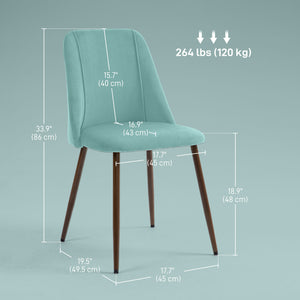 Set of 4 velvet upholstered chairs with steel backrest and legs, light green