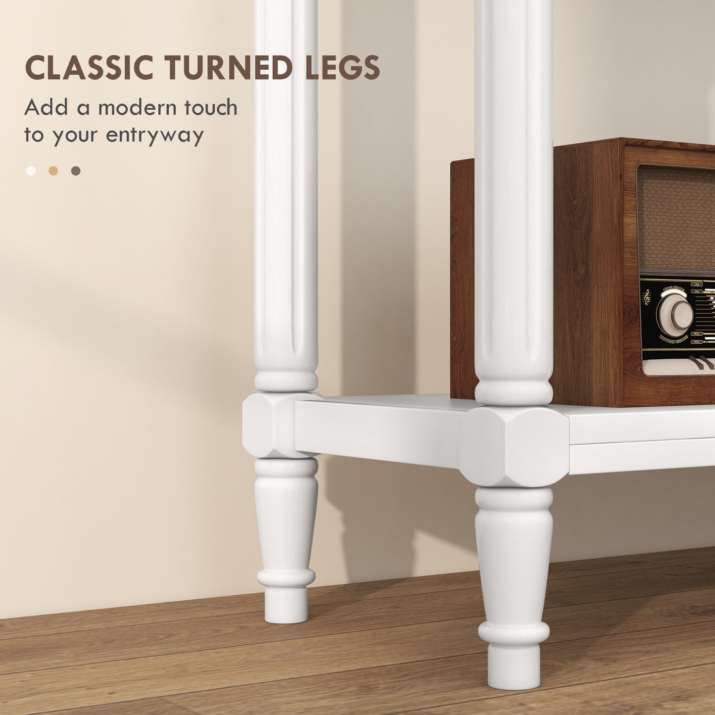 Console d'entrée moderne avec 2 tiroirs, étagère de rangement, pieds tournés, blanc