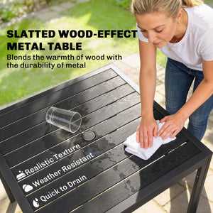 Outdoor dining set for 4 people, wood-look metal patio table and stackable chairs, black
