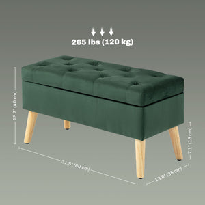 Pouf de rangement avec couvercle rembourré en velours et pieds en bois, vert foncé