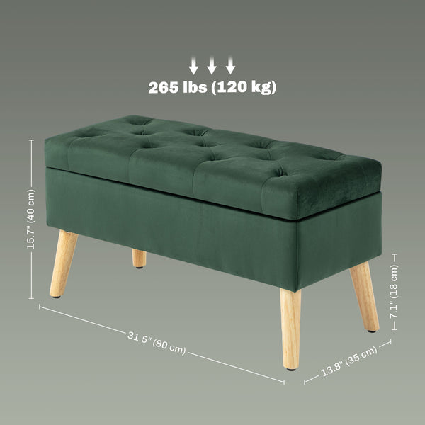 Pouf de rangement avec couvercle rembourré en velours et pieds en bois, vert foncé