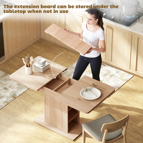Table de salle à manger extensible pour 4 à 6 personnes avec 6 étagères ouvertes, en bois naturel.