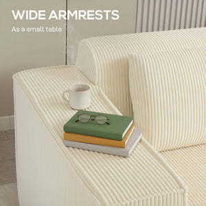 Canapé 3 places en velours côtelé avec assise profonde, larges accoudoirs, 2 coussins, Beige