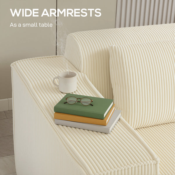 Canapé 3 places en velours côtelé avec assise profonde, larges accoudoirs, 2 coussins, Beige