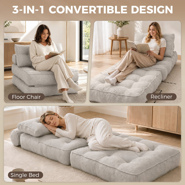 Fauteuil-lit pliable 3 en 1 beige-gris avec mousse haute densité et 2 coussins, gris