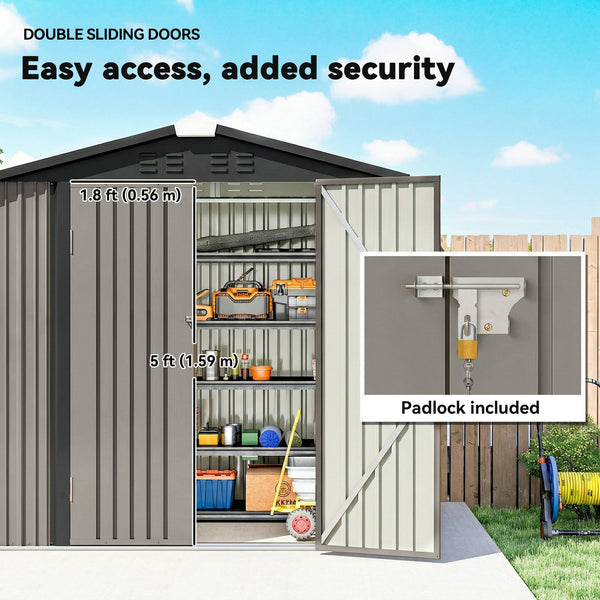 Metal garden shed, with lockable double door and 4 vents, grey