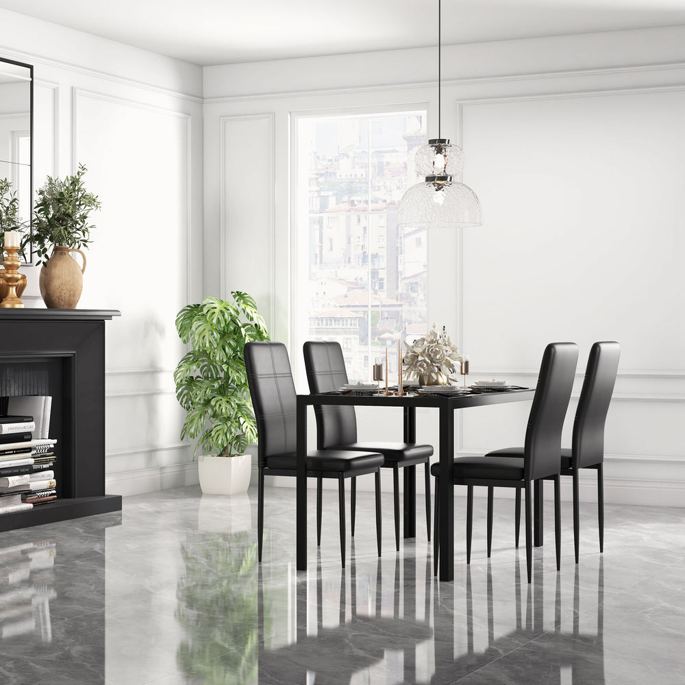 Ensemble de tables et chaises de cuisine rectangulaires en verre avec structure en métal et revêtement en similicuir pour salle à manger, noir