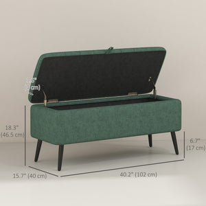 Pouf avec rangement rembourré en lin avec pieds en acier, vert foncé