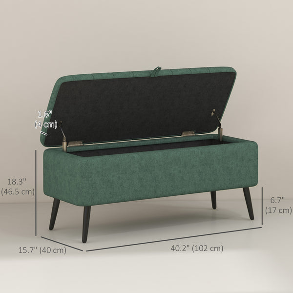 Pouf avec rangement rembourré en lin avec pieds en acier, vert foncé
