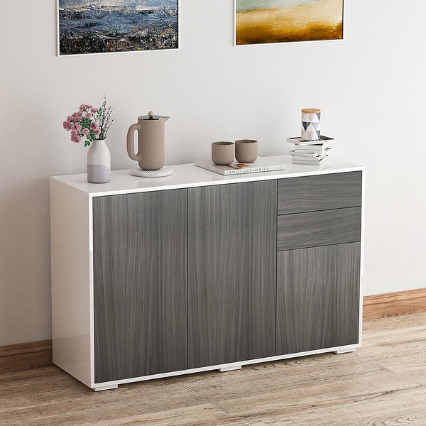 Buffet de cuisine moderne avec coin café, ouverture par simple pression et 2 tiroirs pour salon, gris clair