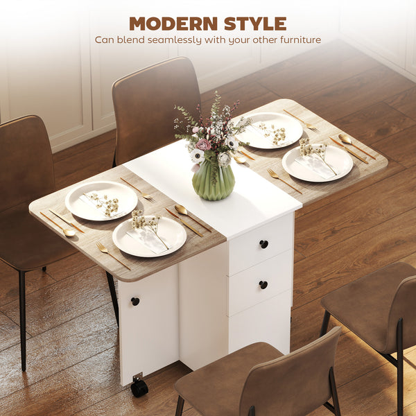 Table pliante mobile sur roulettes avec tiroirs et placard, blanc et chêne