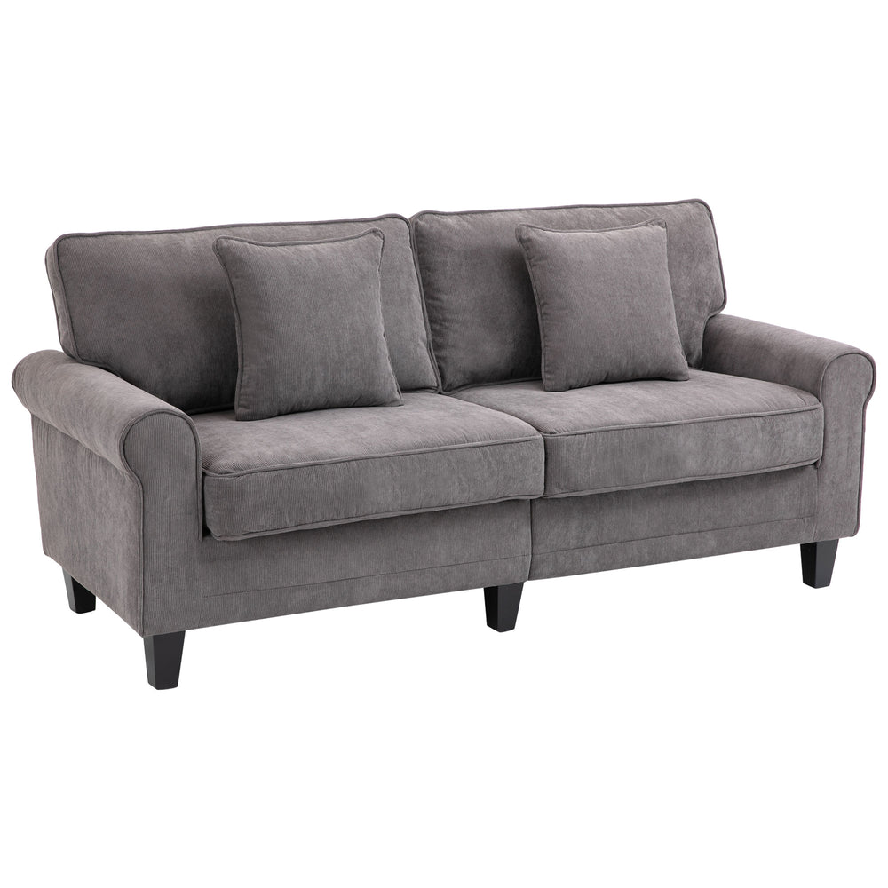 Canapé 3 places moderne en velours côtelé gris clair avec accoudoirs roulés et pieds en pin – canapé élégant et confortable pour salon contemporain