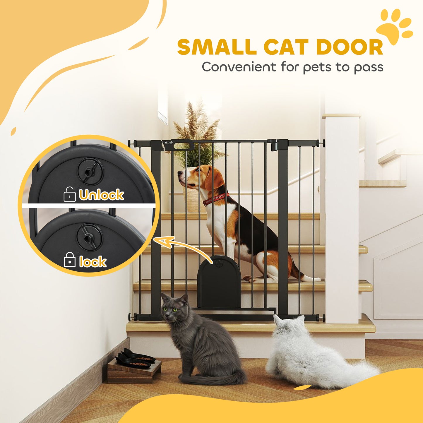 Extra Wide Pet Gate 30-41" with Small Door, Pressure Fit for Stairs, Black