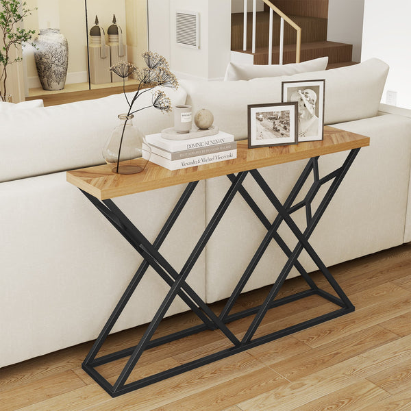 55-inch console table with sturdy metal frame and wood storage