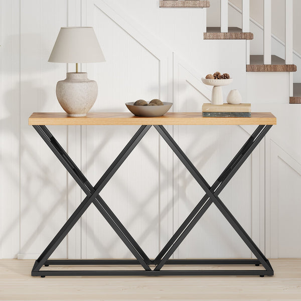 55-inch console table with sturdy metal frame and wood storage