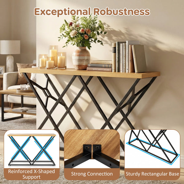 55-inch console table with sturdy metal frame and wood storage