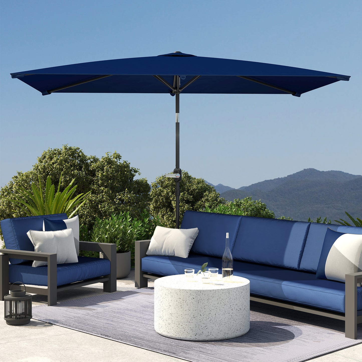 Parasol de jardin rectangulaire inclinable en aluminium 2 x 3m avec manivelle, bleu marine