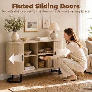 Fluted Sideboard Buffet Cabinet, 55" Modern Coffee Bar Cabinet with Sliding Doors and Adjustable Shelves, Natural