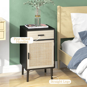 Lot de 2 tables de chevet bohèmes avec tiroir, meuble en rotin, étagère réglable pour chambre et salon, noir