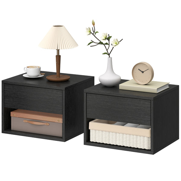 Ensemble de 2 tables de chevet flottantes avec tiroir et tablette ouverte – Noir